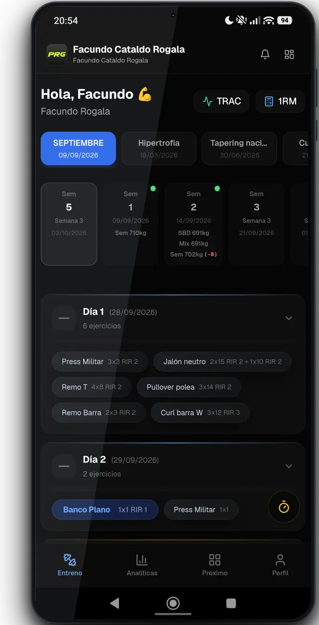 Athlete app on the phone, with the blocks, the week, and the days