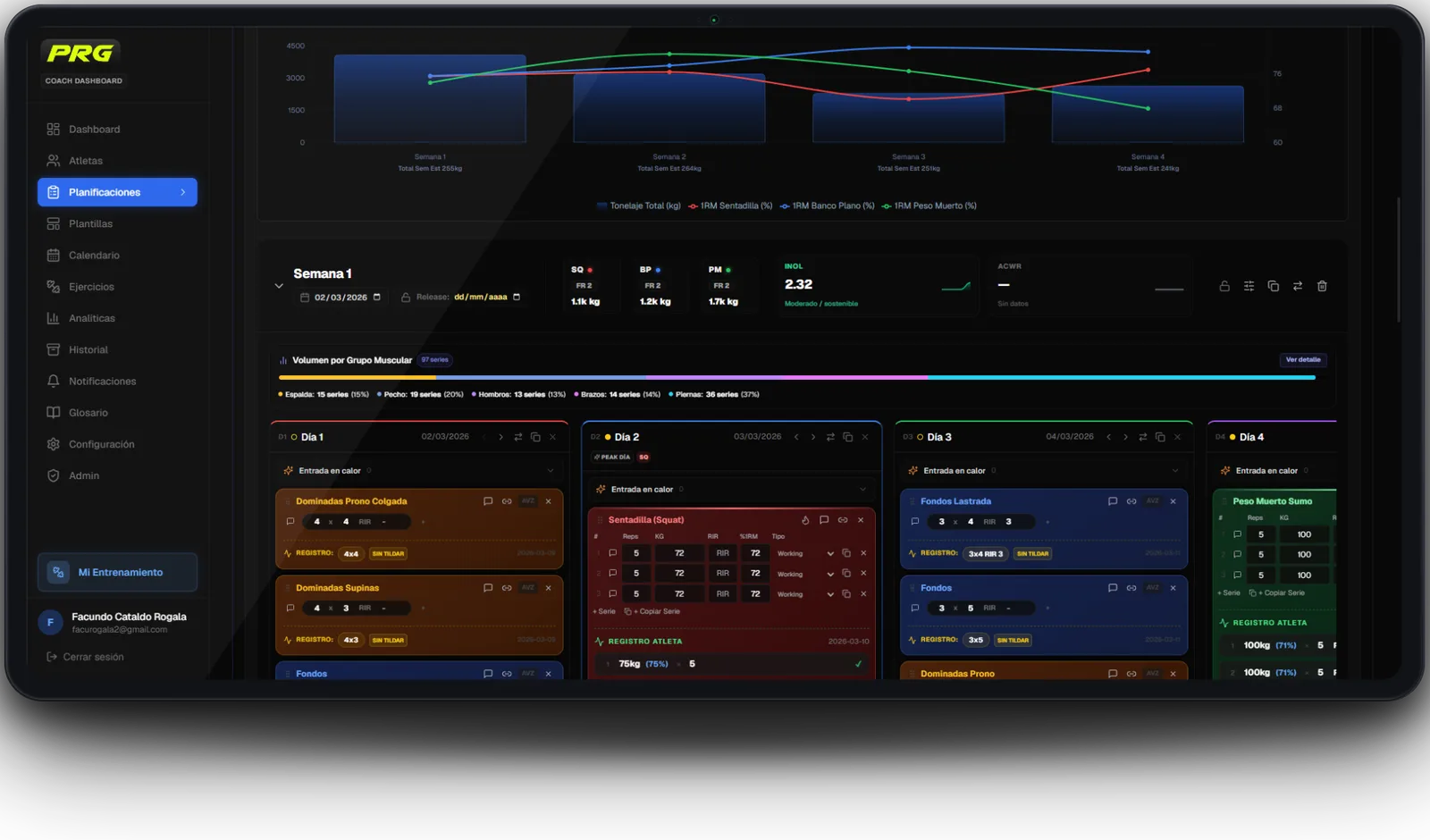 Tablet with the coach dashboard: training plans, volume, and the block week